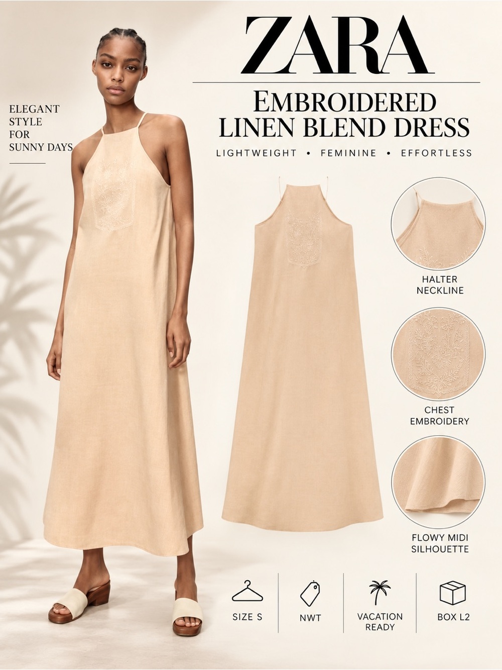 ZARA Beige Pink Embroidered Linen Blend Halter Midi Dress Size S NWT 7200/114